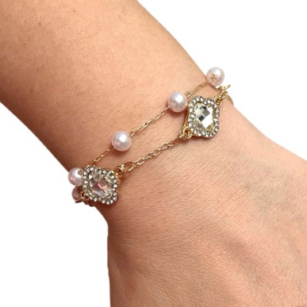 Elegant Clear Stone Clover Pearl Double Strand Gold Tone Bracelet